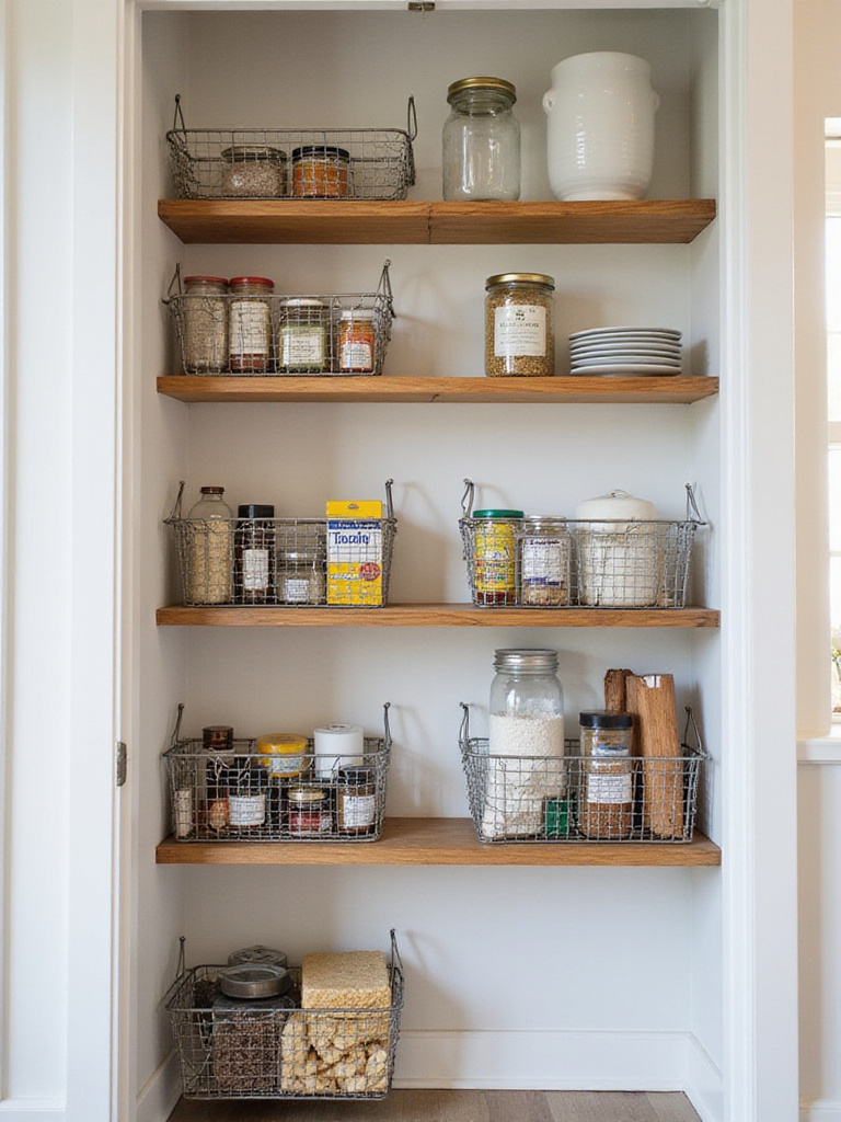 Under-shelf baskets maximizing pantry storage space for spices and kitchen essentials.