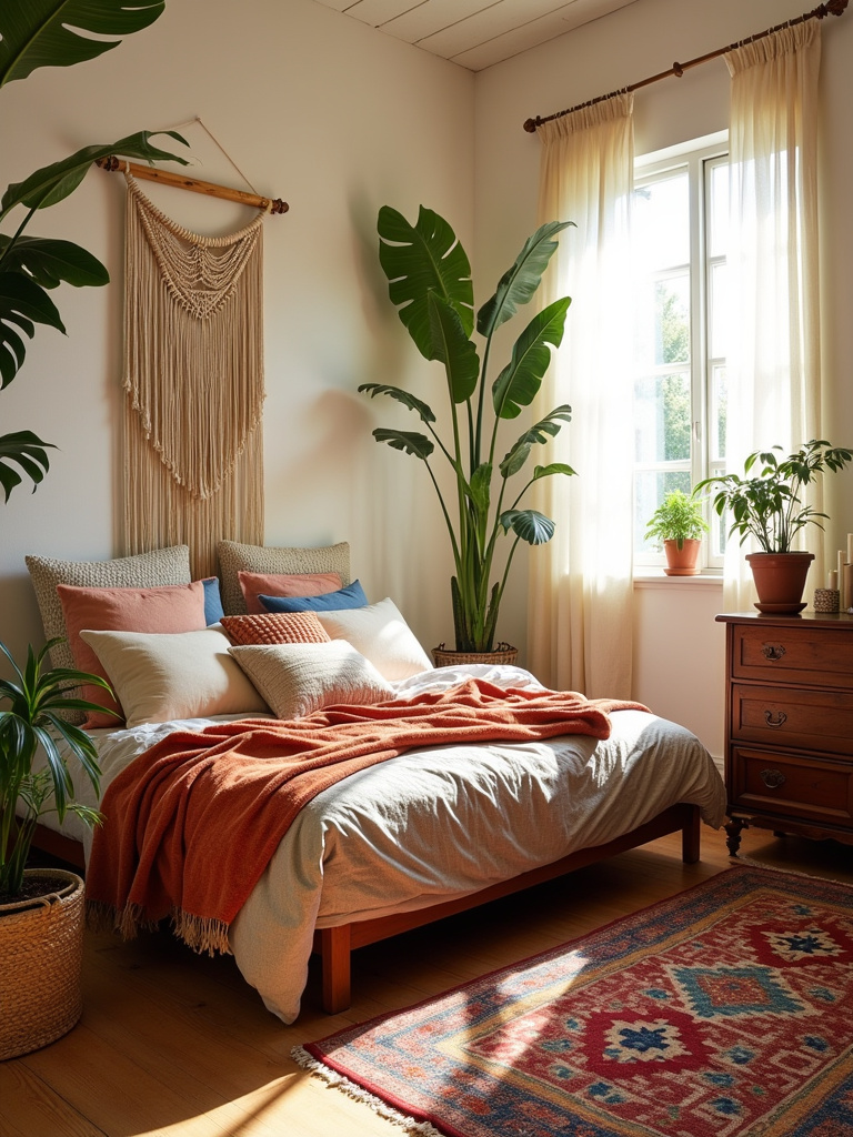 Bohemian bedroom design with layered textiles, vibrant colors, and natural elements.
