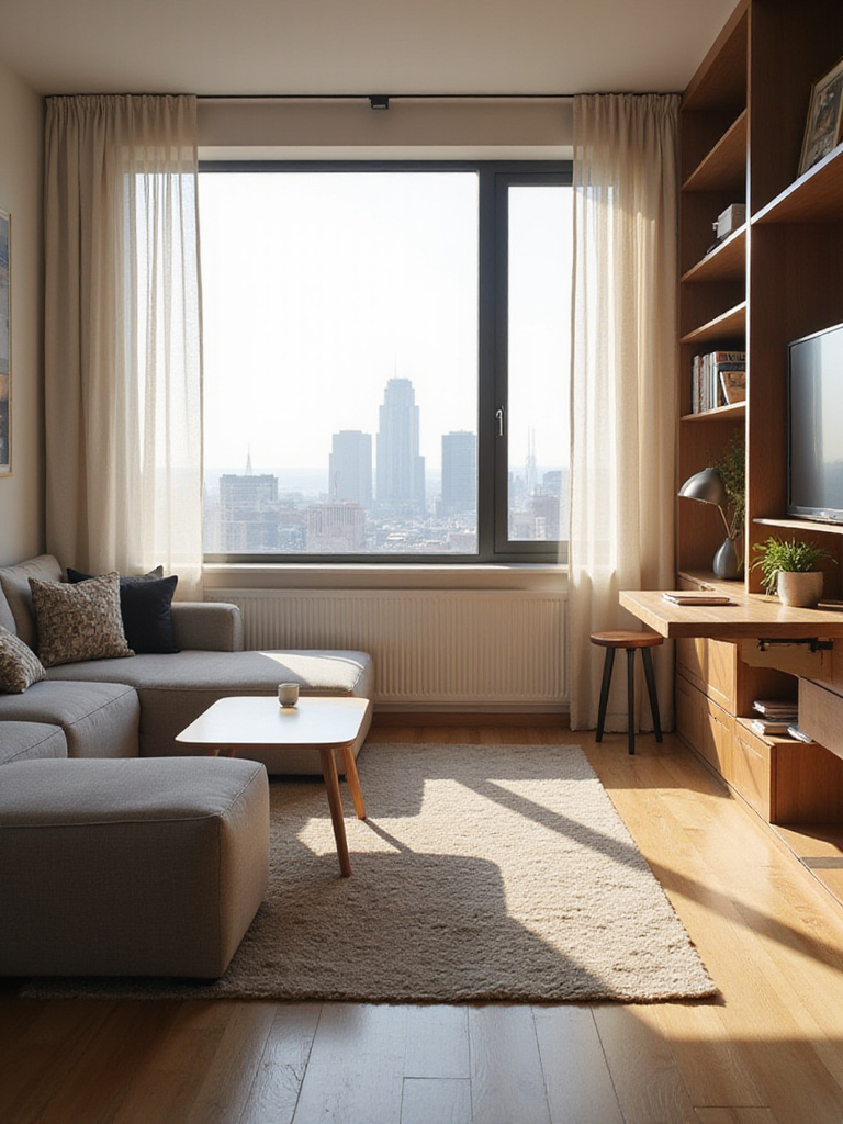 Modern apartment living room featuring a lift-top coffee table, sofa, and shelving unit with a fold-down desk, showcasing multifunctional furniture solutions for small spaces.