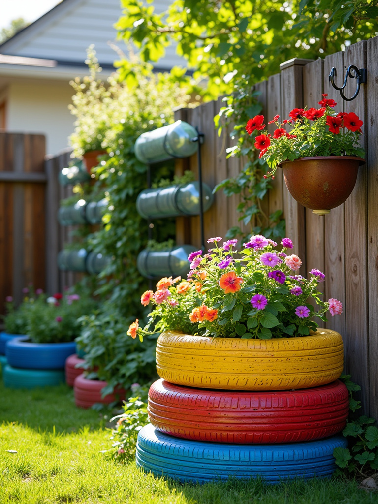 Creative DIY planters made from recycled materials in a backyard garden