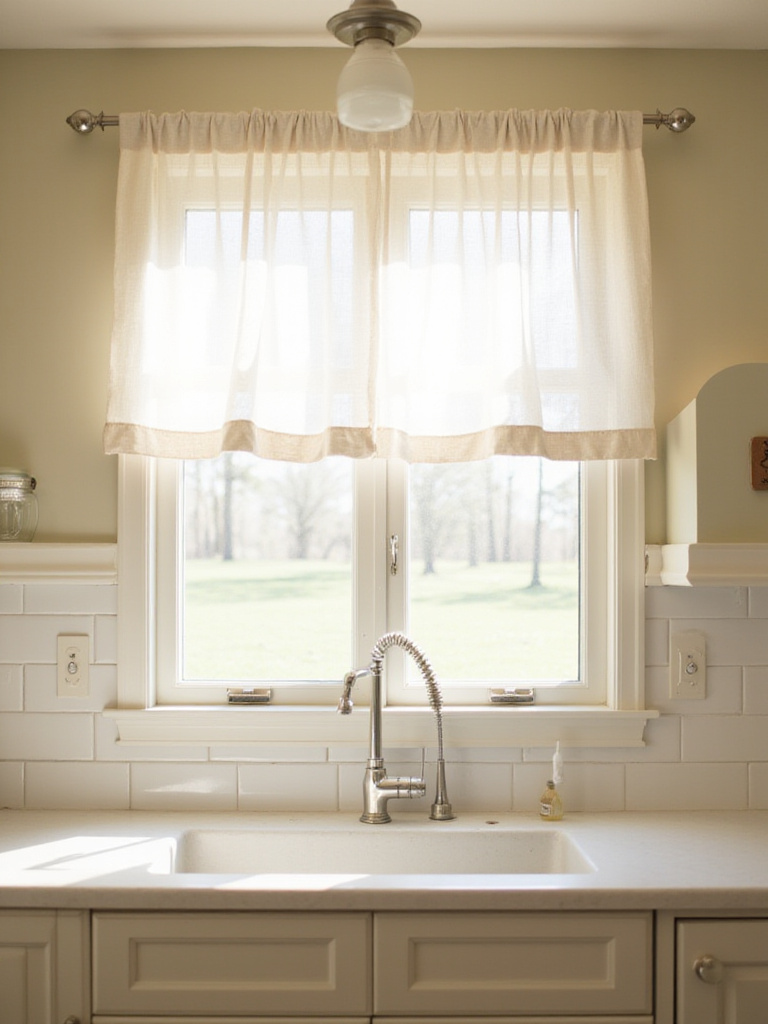 Bright kitchen with white linen cafe curtains on the window above the sink, allowing natural light to filter in.