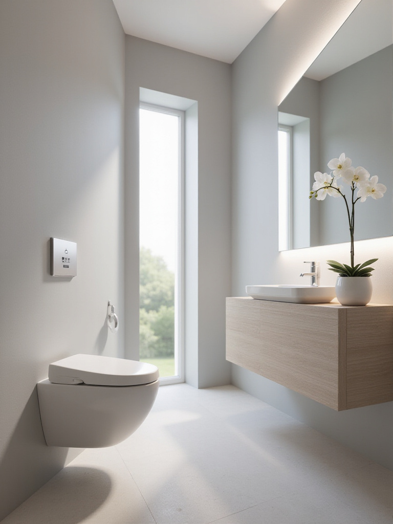 Modern bathroom with wall-hung smart toilet and spa-like ambiance