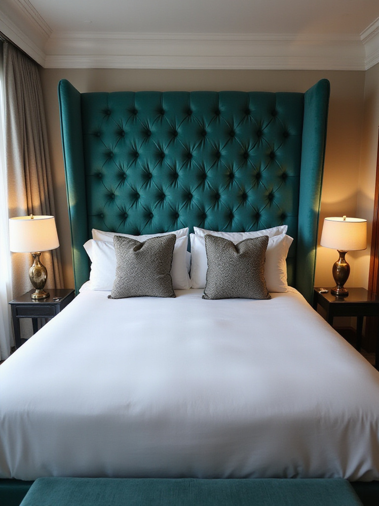 Luxurious bedroom featuring a tufted velvet upholstered headboard in a jewel tone.
