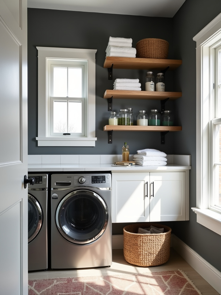 Deep charcoal gray laundry room with stainless steel appliances and natural wood shelving