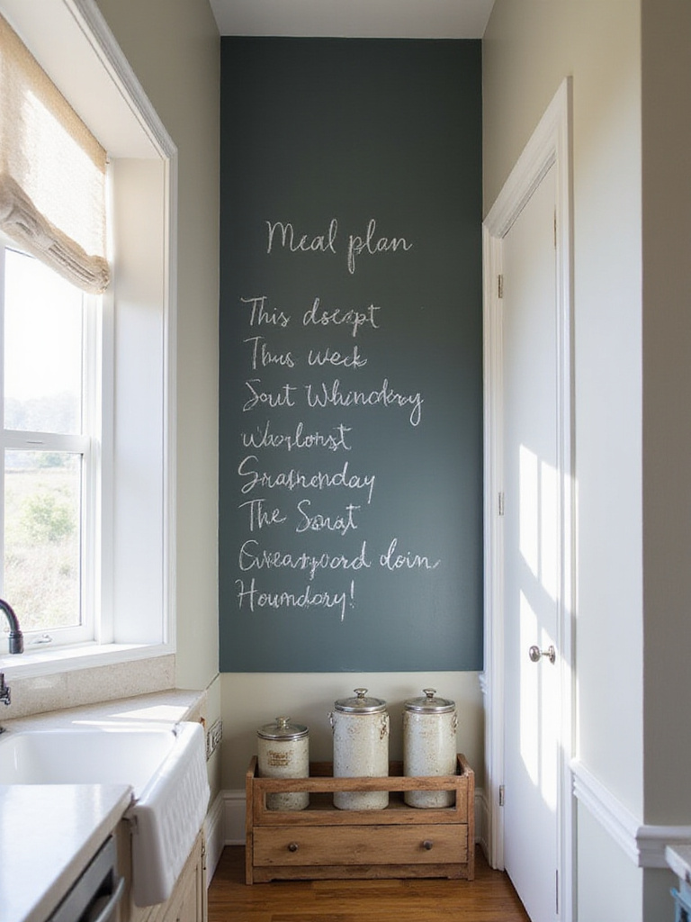 Farmhouse kitchen with chalkboard wall featuring a handwritten meal plan