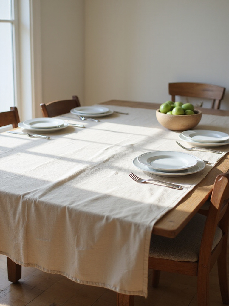 Rustic dining room table with linen tablecloth, simple place settings, and a wooden bowl of apples.