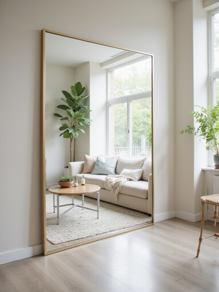 Living room with a large mirror reflecting natural light and creating a sense of spaciousness.