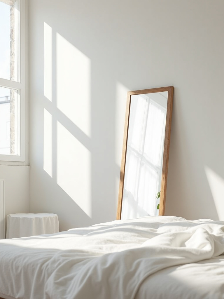 White bedroom with full-length mirror reflecting light and creating a larger space