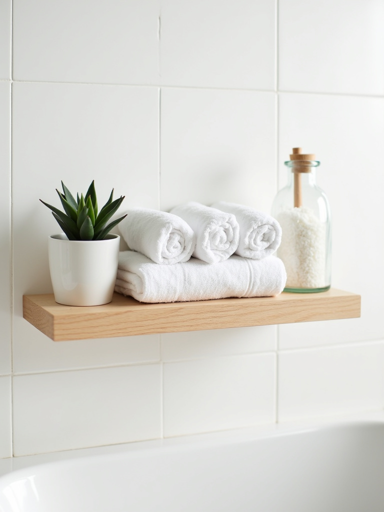 Minimalist bathroom open shelving with intentional display of towels, plant, and bath salts