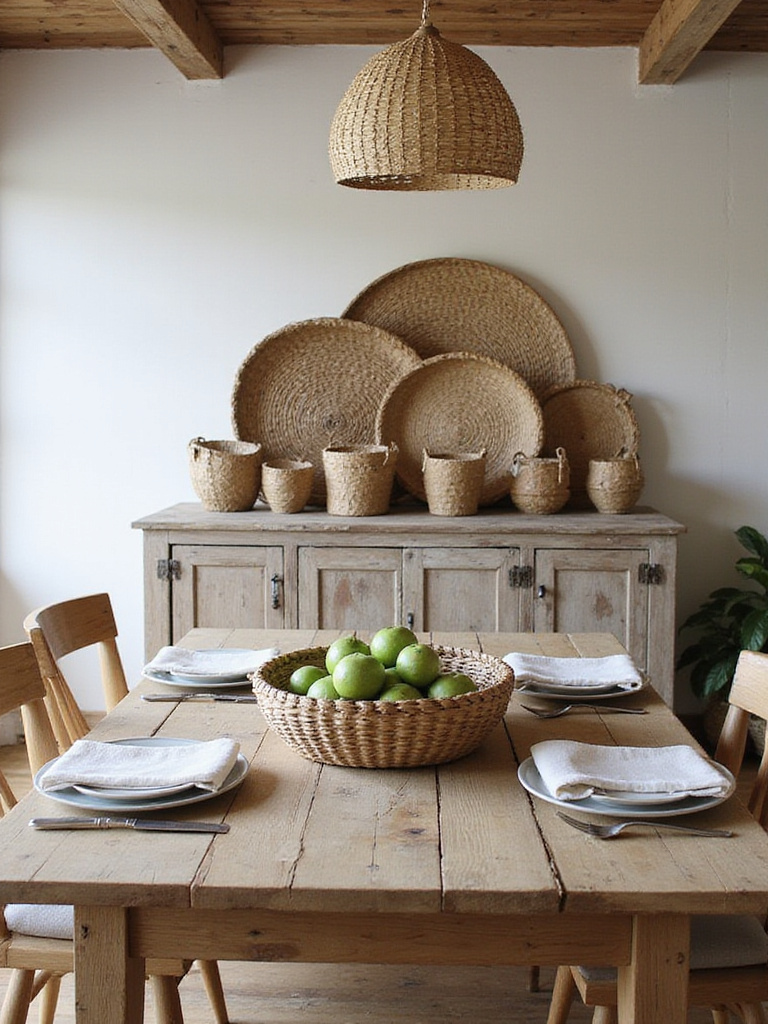 Rustic dining room with woven baskets for storage and decor