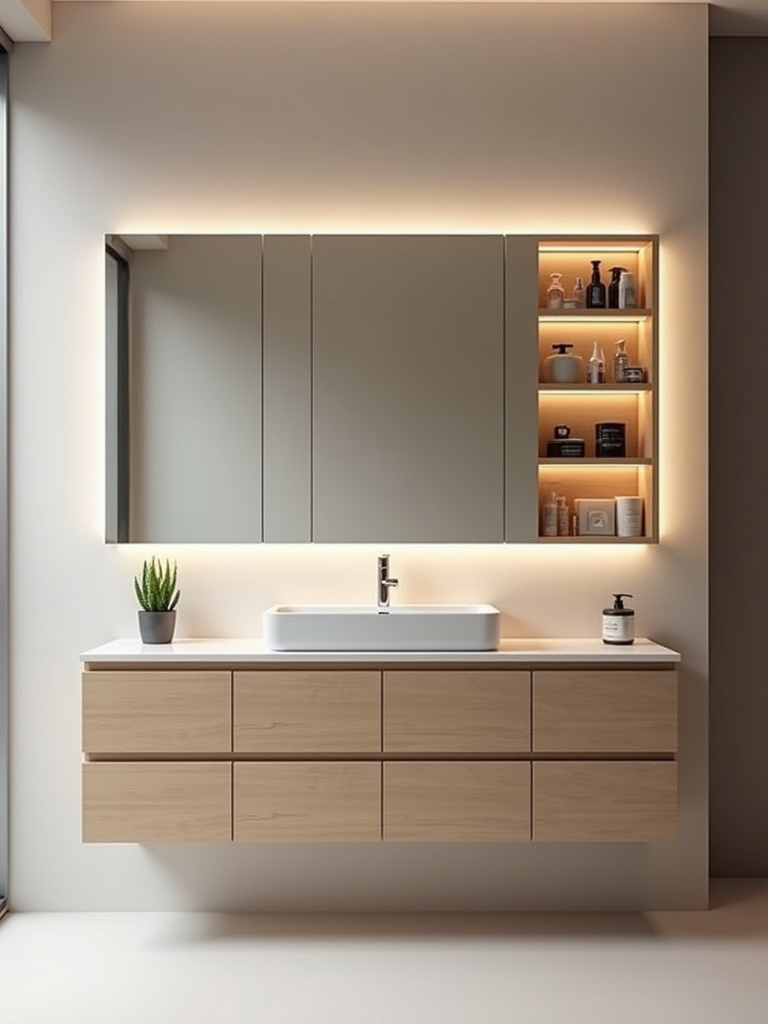 Minimalist bathroom design featuring a floating vanity with hidden storage behind a mirrored cabinet.