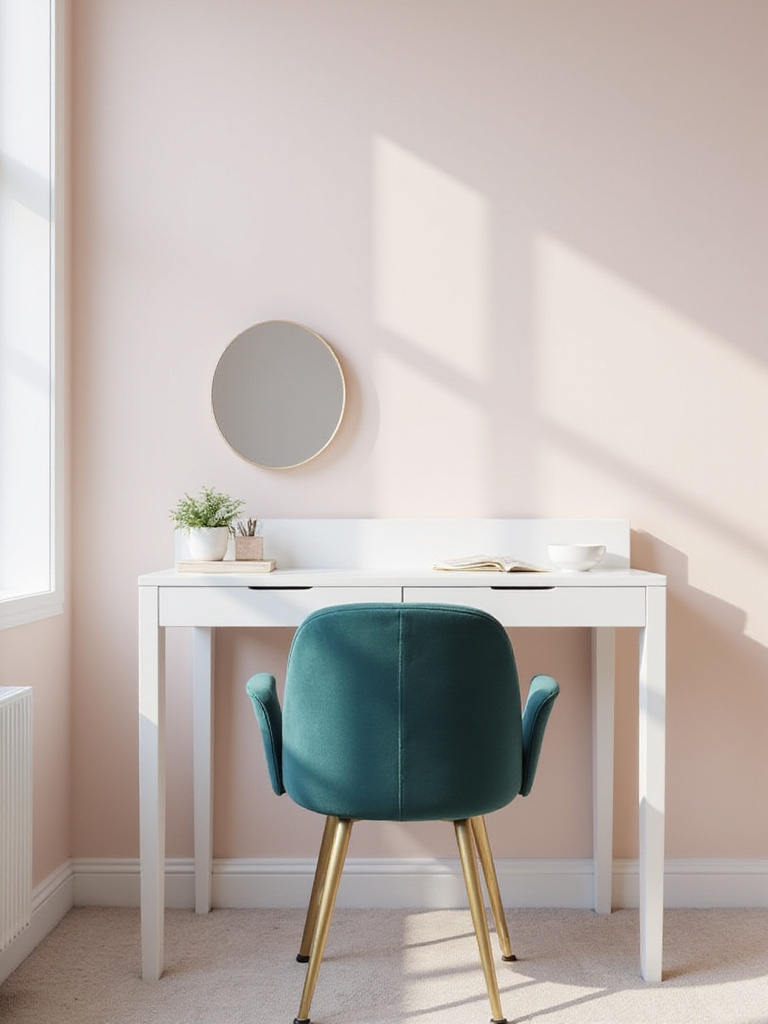 Elegant teal velvet vanity chair with gold legs in a modern bedroom setting