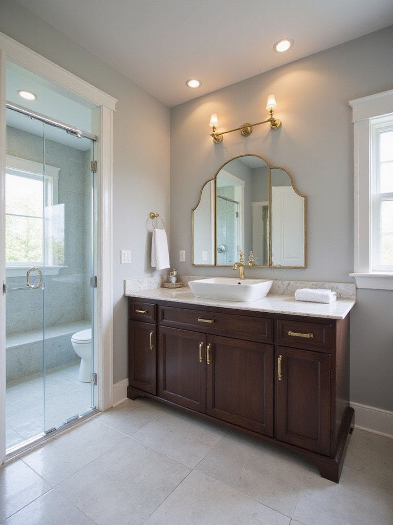 Luxurious bathroom featuring a dark wood vanity with a white marble countertop and gold hardware.