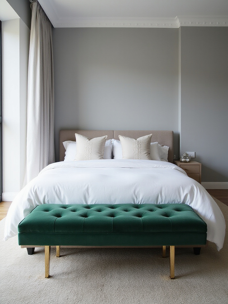Emerald green velvet bench at the foot of a queen-sized bed in a modern bedroom.