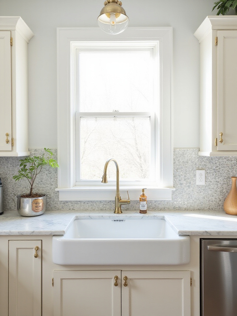 Vintage kitchen with white and grey penny tile backsplash
