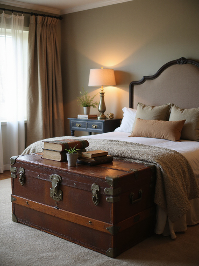 Vintage steamer trunk at the foot of a bed in a stylish bedroom.