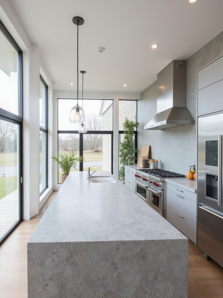 Modern kitchen with light gray lava stone countertops.