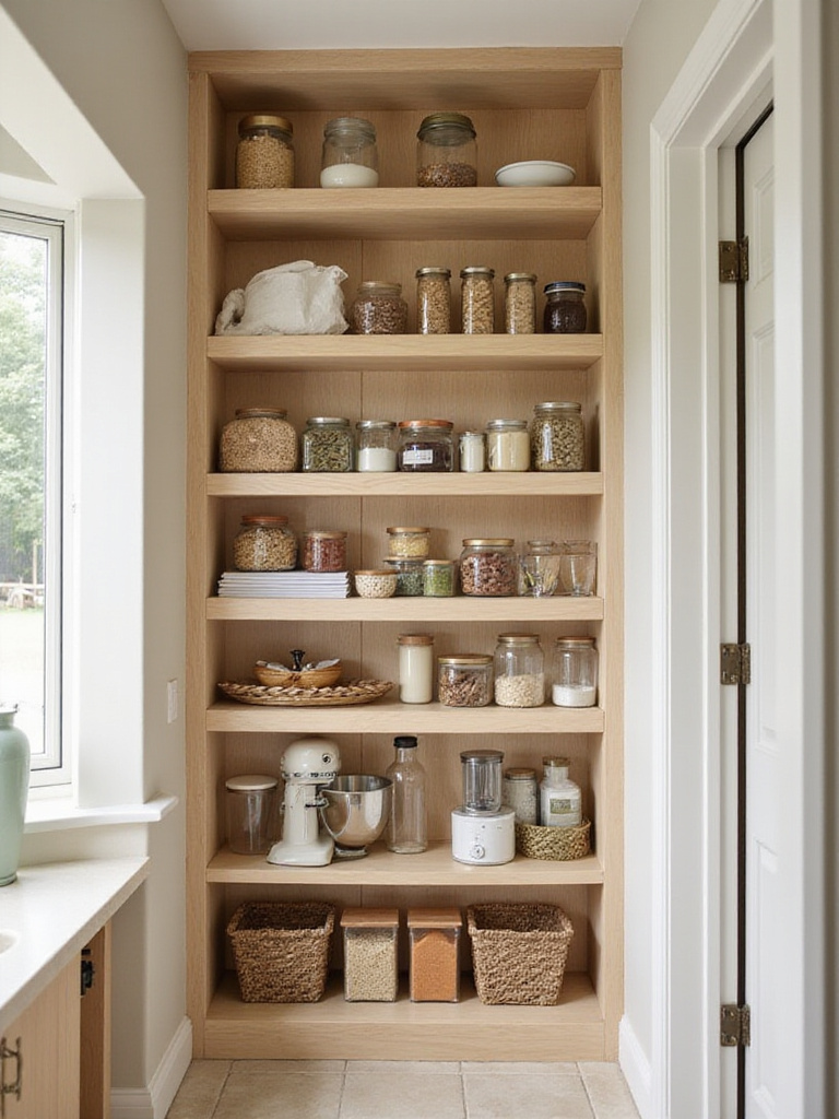 Well-organized walk-in pantry with light wood shelving and ample storage space
