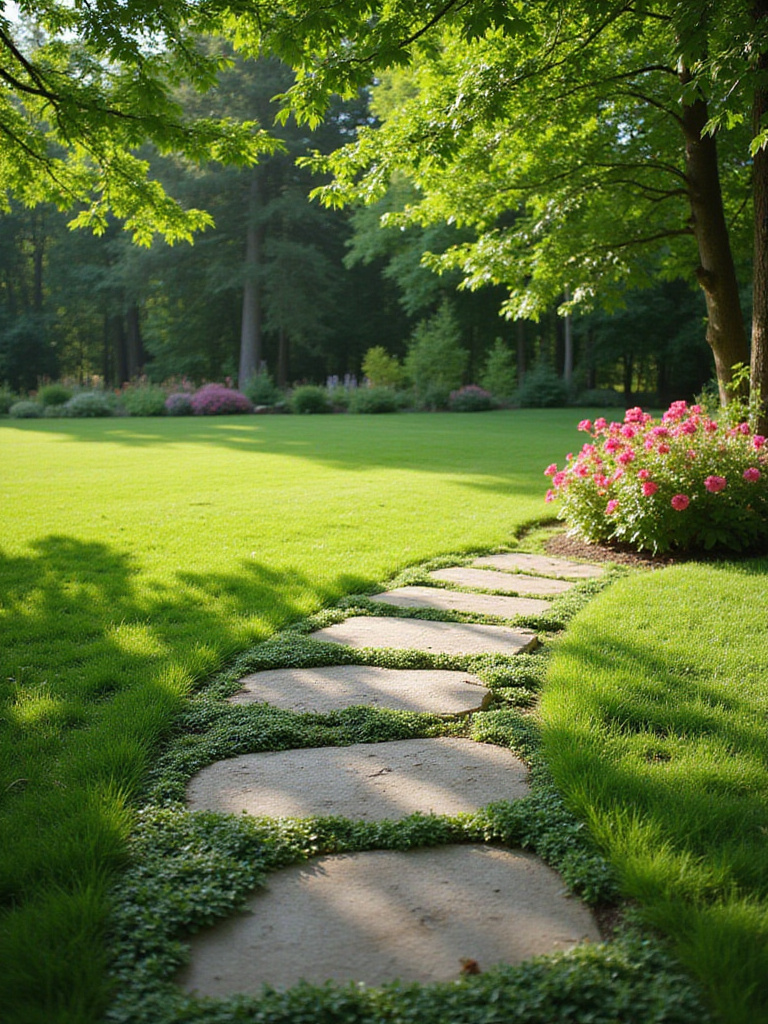 Decorative flagstone stepping stones winding through a green lawn garden.