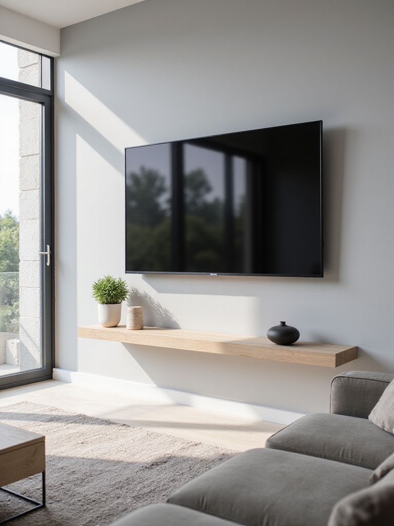 Apartment living room with wall-mounted TV and floating shelf
