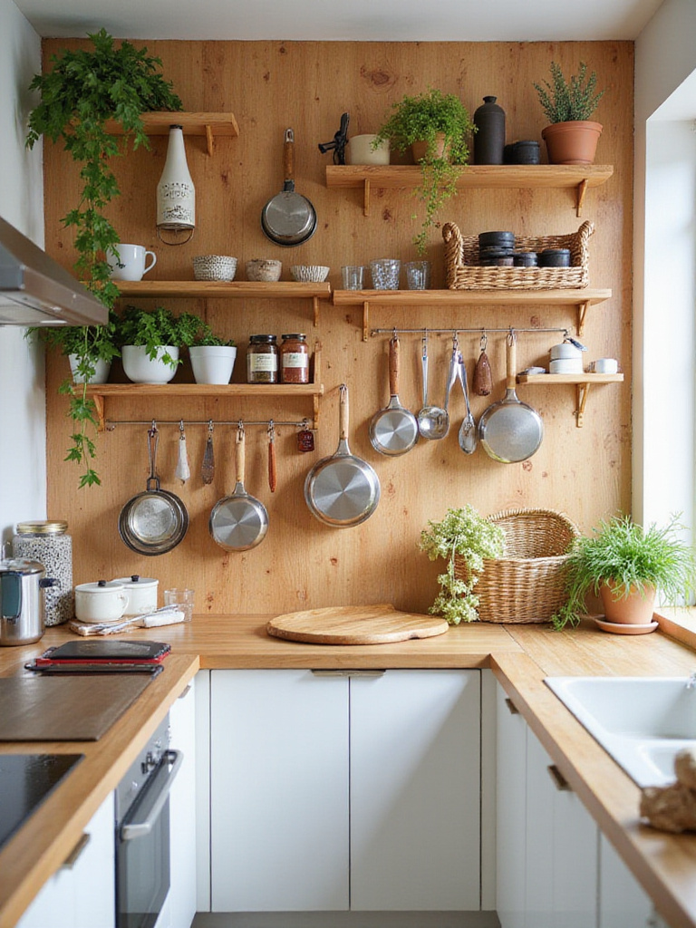Small kitchen with wall-to-wall wooden pegboard used for organized storage
