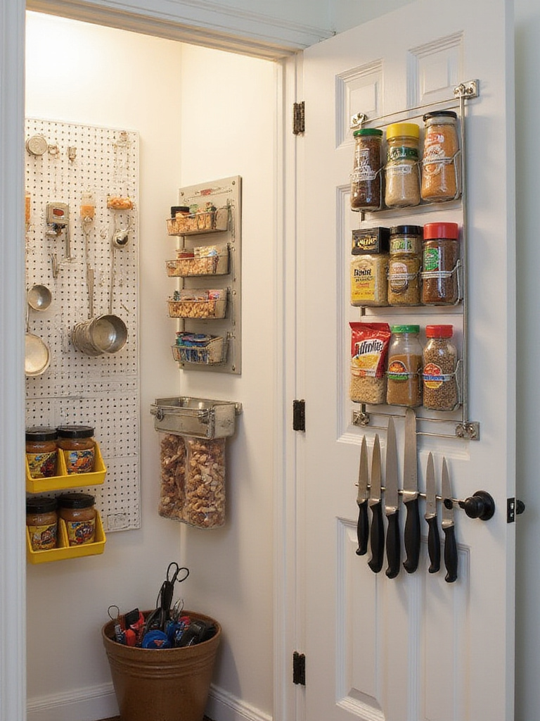 Organized pantry with pegboard, over-the-door organizer, and magnetic knife strip on walls.