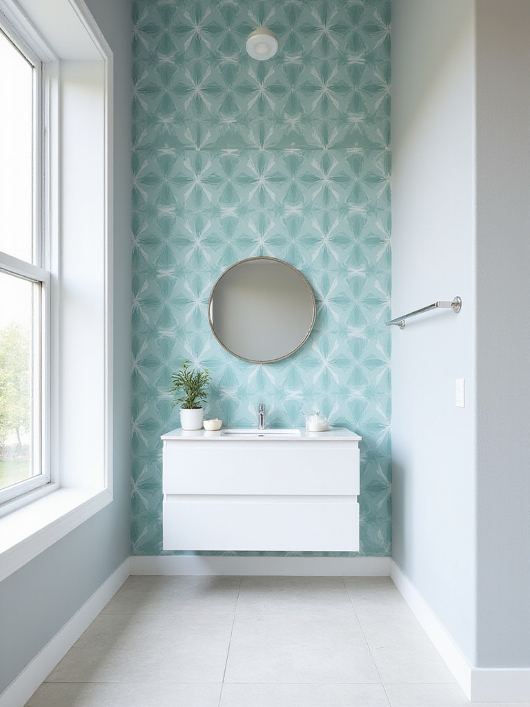 Bathroom with teal and white geometric wallpaper accent wall