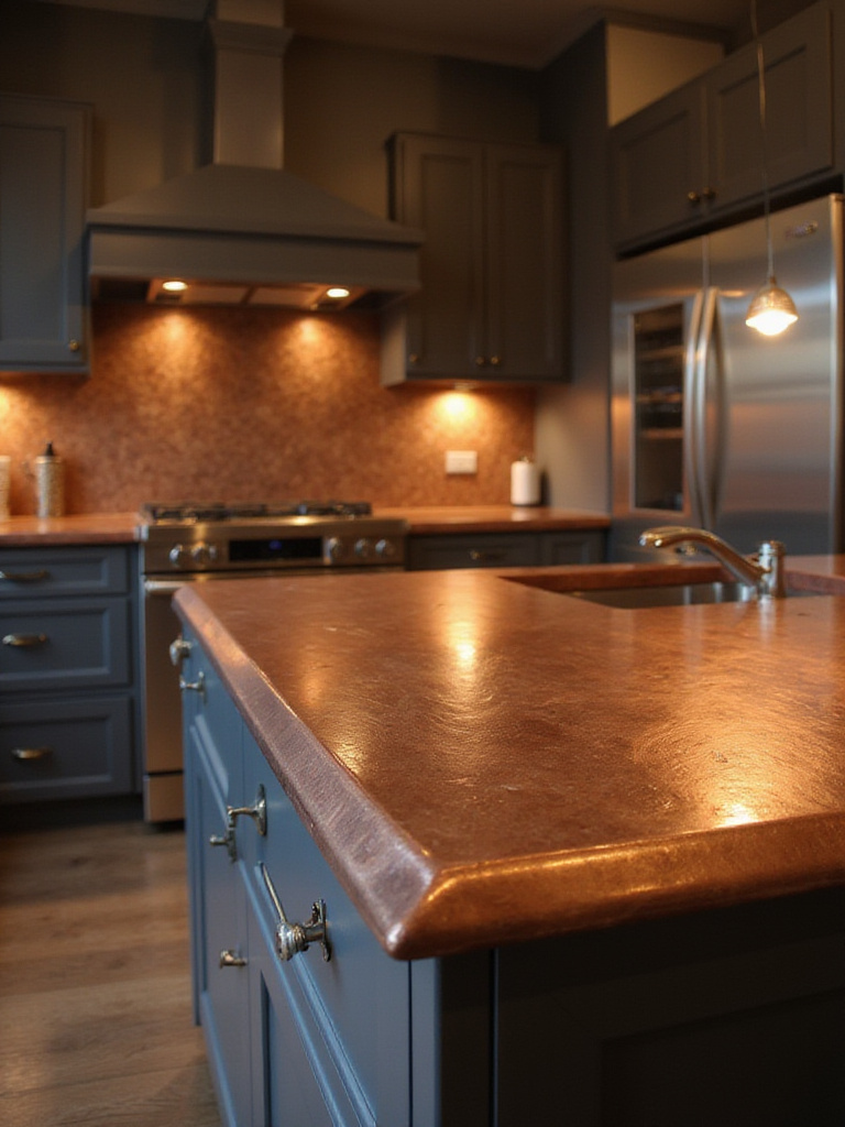 Luxurious kitchen with hammered copper countertops and dark gray cabinets