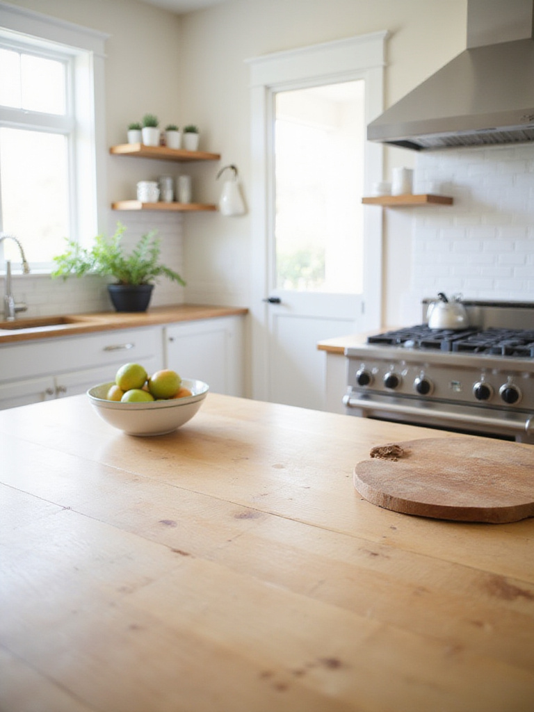Kitchen featuring warm maple butcher block countertop with fruit bowl and cutting board.