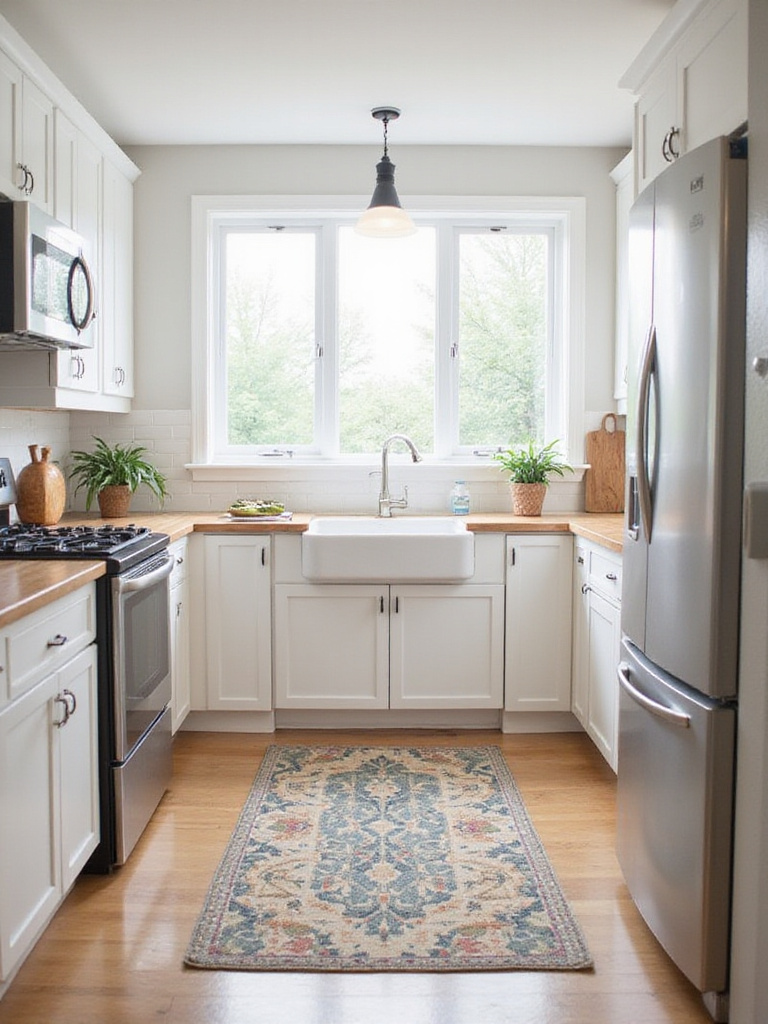 Bright modern kitchen with patterned runner rug in front of sink.