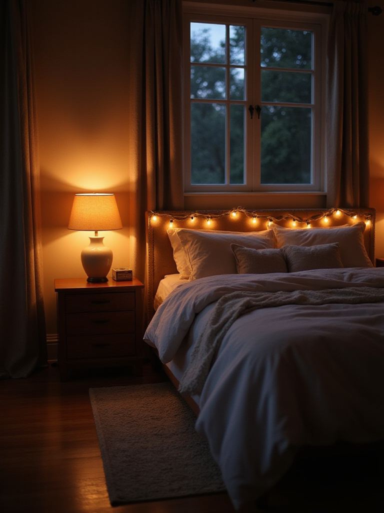 Cozy bedroom with warm, soft lighting from bedside lamp and fairy lights.