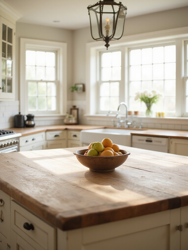 Farmhouse kitchen with a beautiful butcher block island countertop