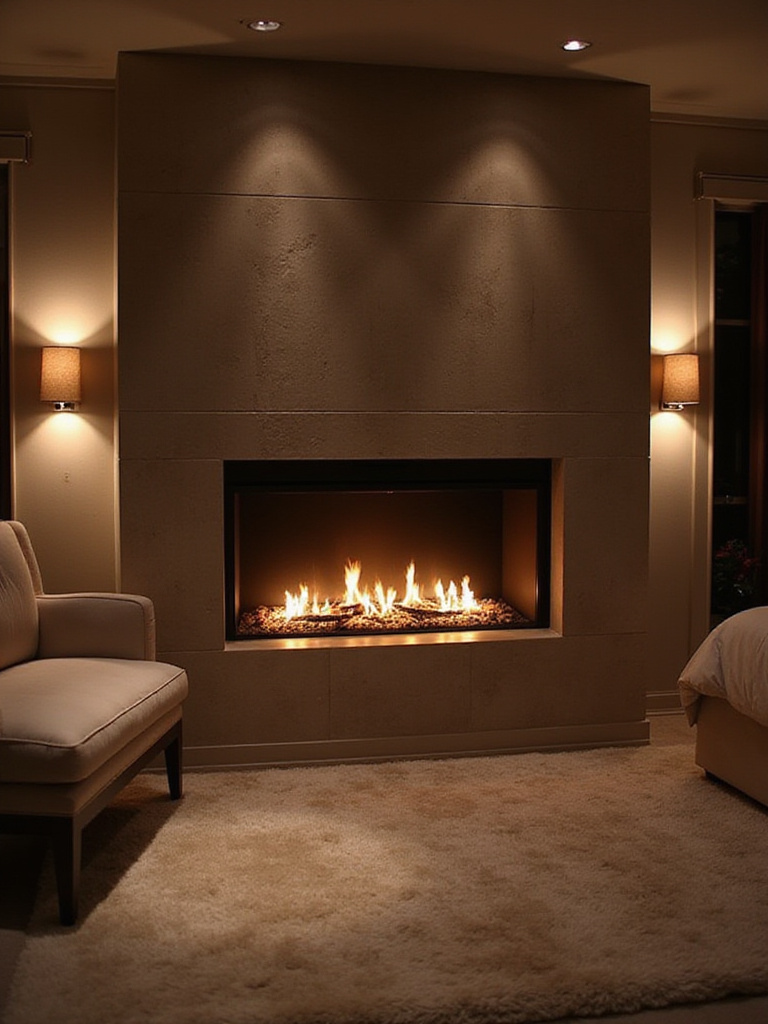 Romantic bedroom with gas fireplace and plush seating