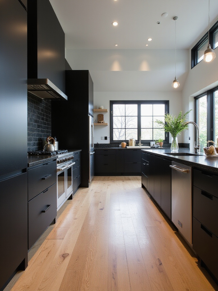 Black kitchen cabinets complemented by warm white oak hardwood flooring.