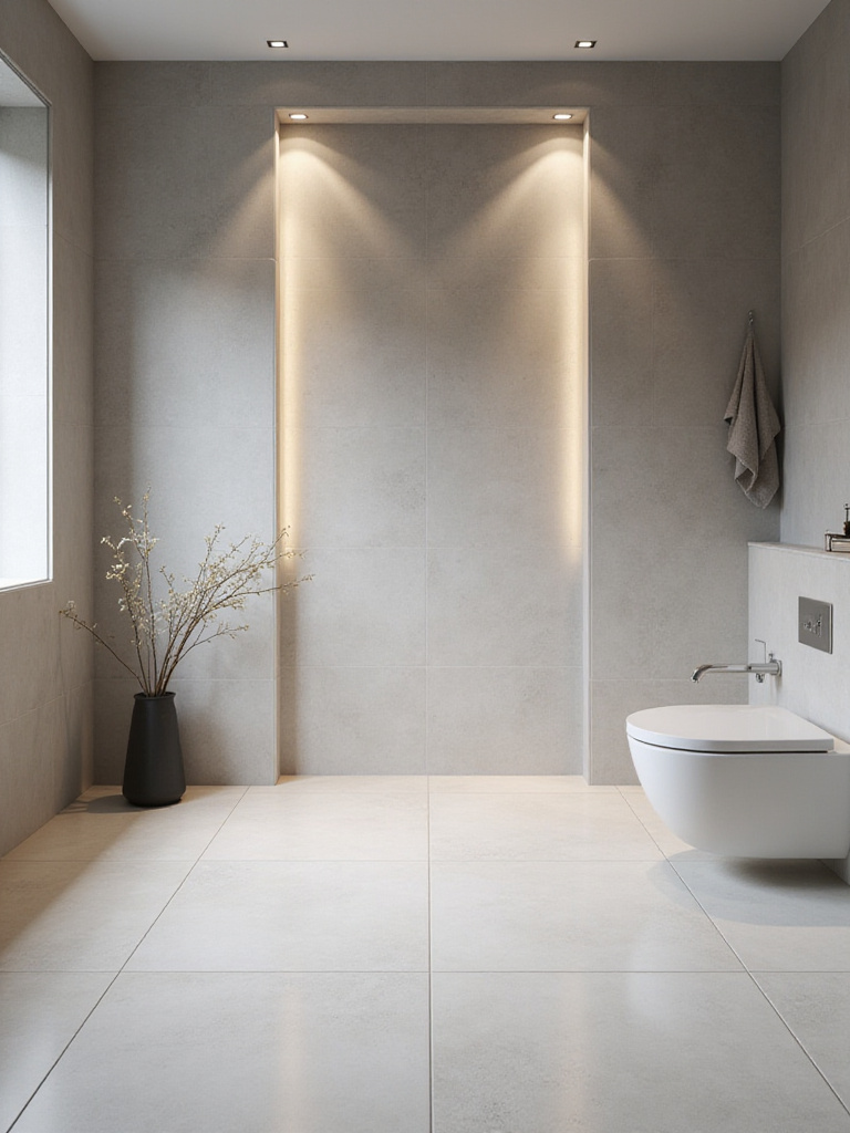 Modern bathroom with heated light gray porcelain tile flooring.