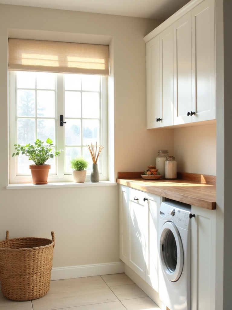 Cozy beige laundry room with white cabinets and natural wood accents.