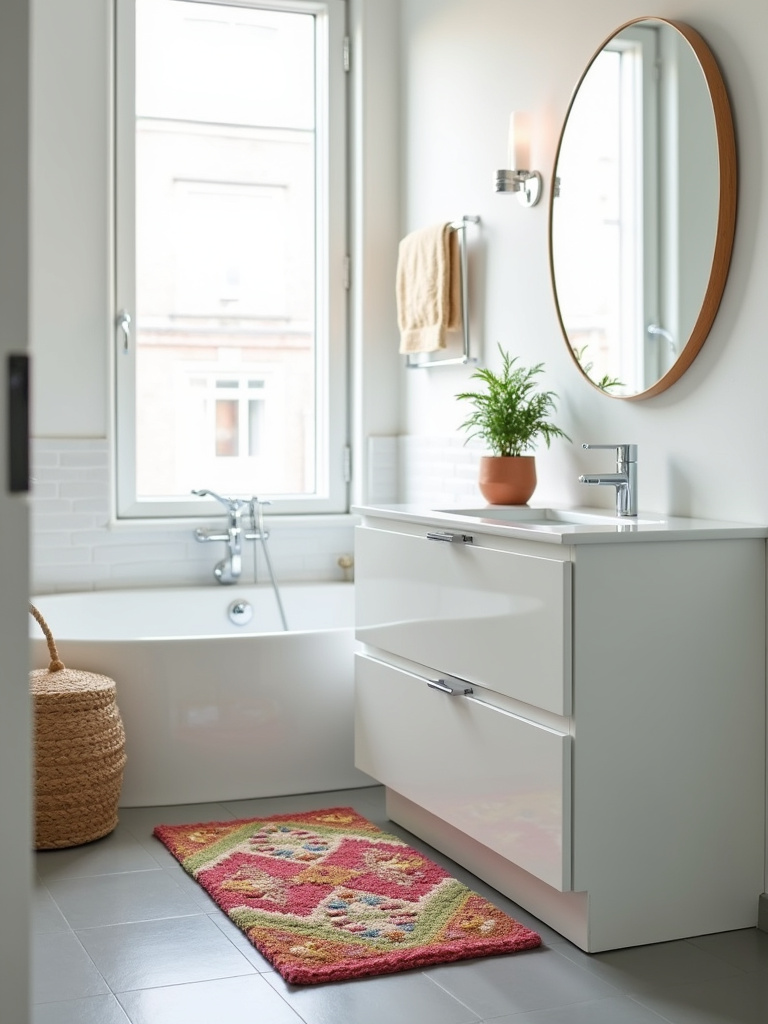 Cozy and stylish rug in a modern apartment bathroom adds warmth and color.