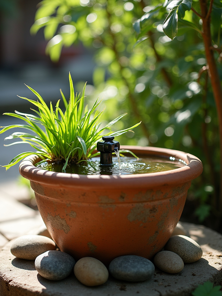 DIY container water feature with terracotta pot, aquatic plants, and recirculating pump in a backyard.