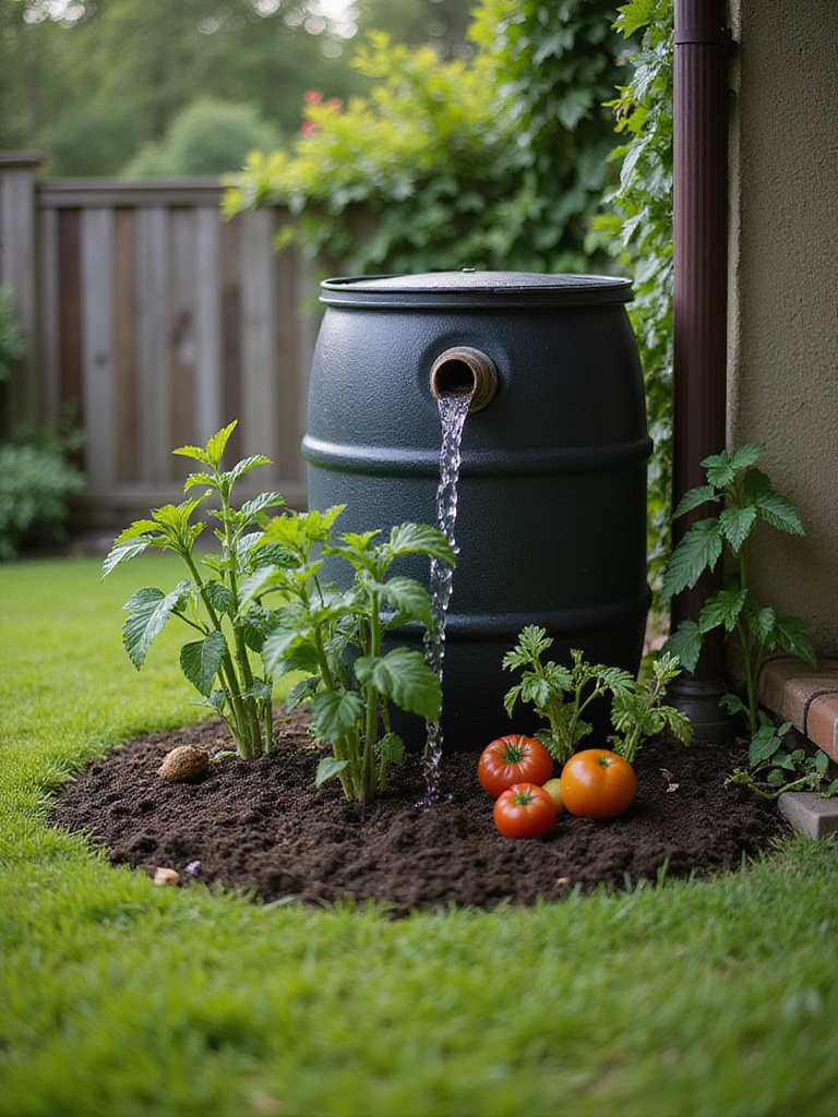 Rain barrel collecting rainwater to water a vegetable garden