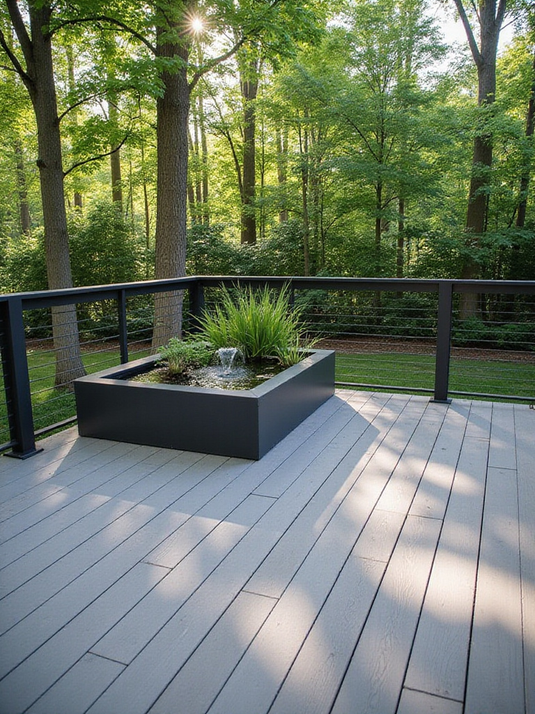 Modern deck with container water garden and bubbling fountain.
