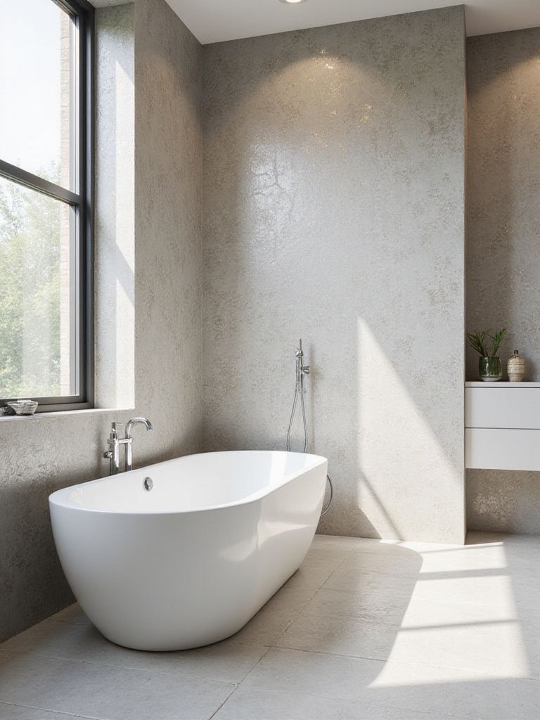 Modern bathroom featuring waterproof vinyl wallpaper with an abstract metallic pattern and a freestanding tub.