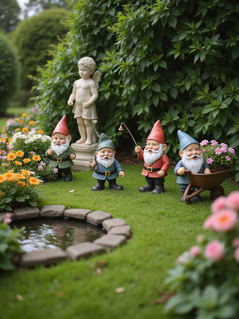 Lawn garden with whimsical garden gnomes and a cherub statue nestled among flowers and plants.