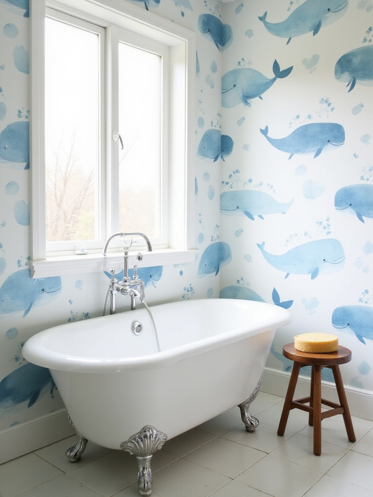 Bathroom with whimsical whale wallpaper and clawfoot tub.
