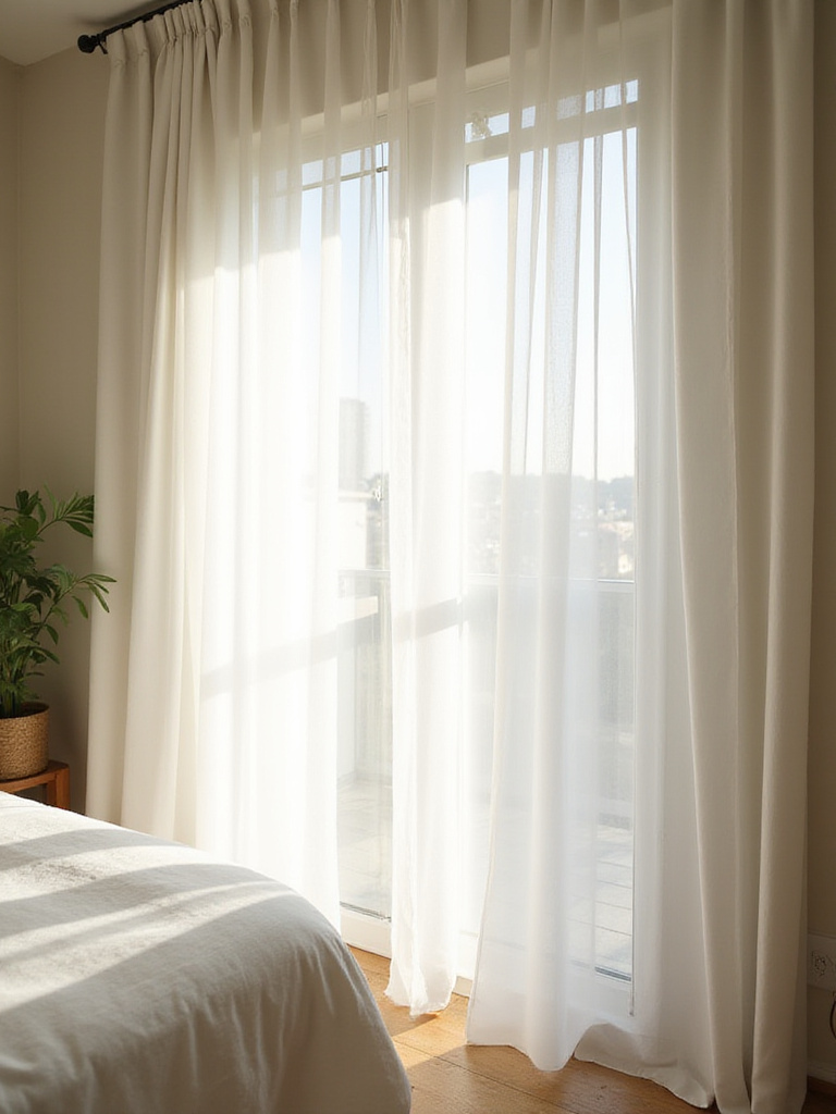 Romantic bedroom with sheer white curtains gently billowing in the breeze.