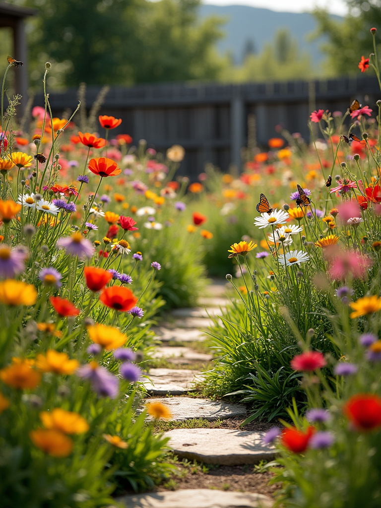 Colorful wildflower meadow in a backyard, creating a vibrant and low-maintenance outdoor space.