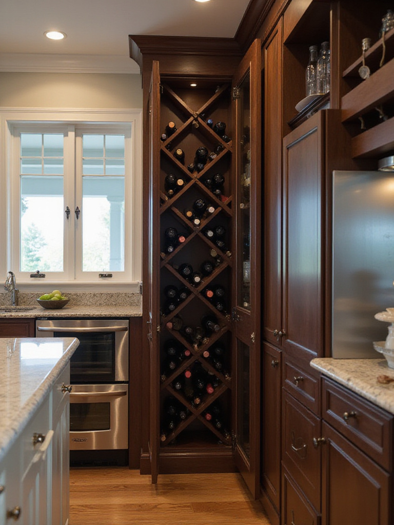 Elegant wine rack cabinet integrated into a modern kitchen island.