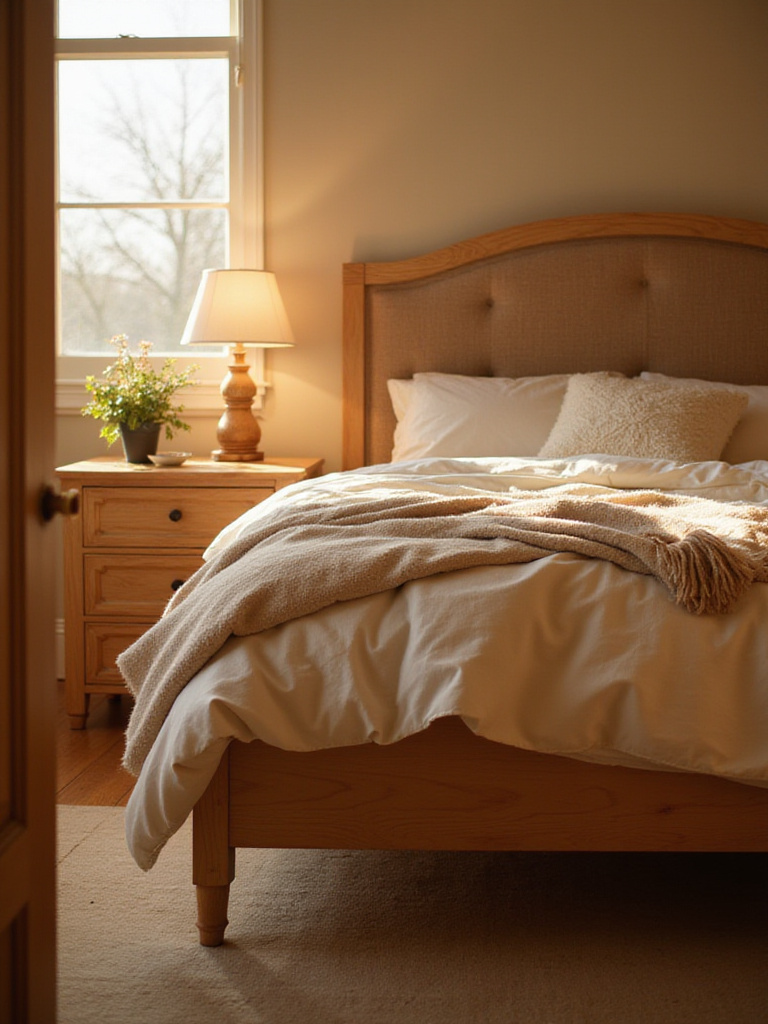 Cozy bedroom with wooden bed frame, warm lighting, and neutral colors.
