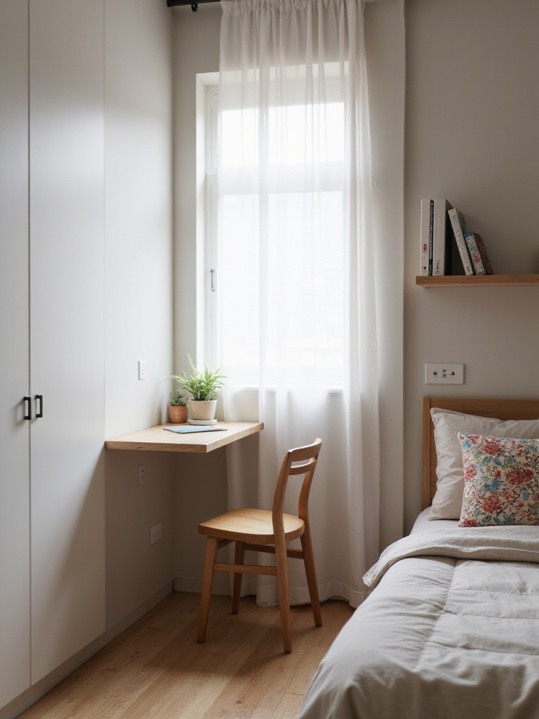Apartment bedroom featuring a small, wall-mounted floating desk workspace.
