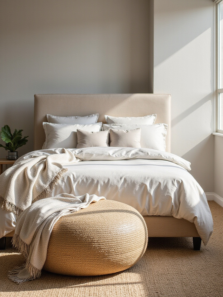 Bedroom with neutral linens and a jute woven ottoman at the foot of the bed.