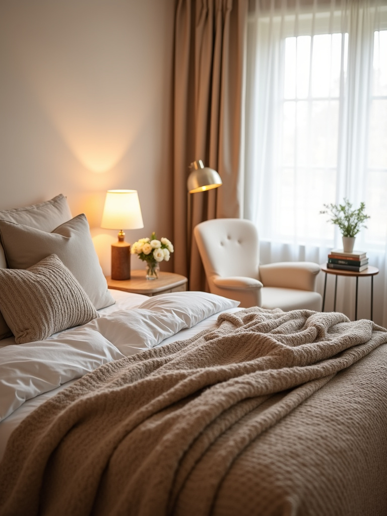Cozy bedroom interior design with warm textures and inviting ambiance.